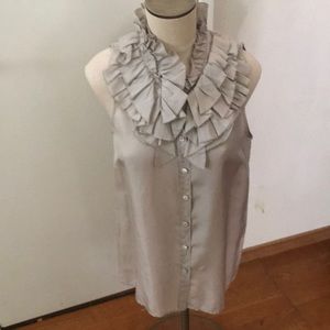 J. Crew Sleeveless Ruffle Collar Button-Up Blouse in Light Gray